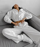 Langry white velvet hooded casual sports set with cropped hoodie and wide-leg pants