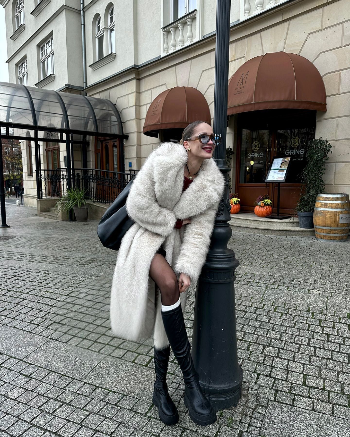 Oversized warm winter faux fur coat with cream design, black trim, pockets, Langry fashion