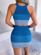 Gradient color cropped top and bag hip skirt set in blue stripes
