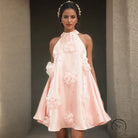 Stunning A-line short dress in pink halter with floral embellishments