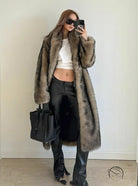 Elegant cozy fox faux fur coat with high collar and full sleeves