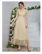 Beige lace midi dress with floral embroidery and puffed sleeves by Langry fashion