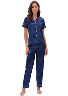 Langry navy blue satin two-piece pajama set with white piping