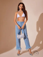 Light wash denim straight leg jeans with furry stitching cuffs