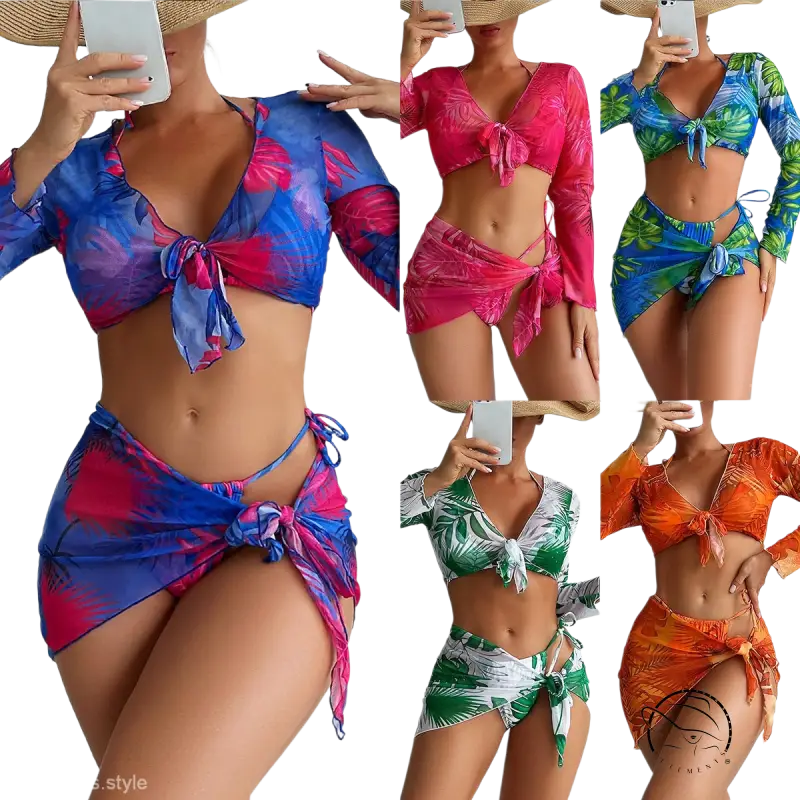 Four piece lace up swimsuit in vibrant tropical print with red flowers on blue background