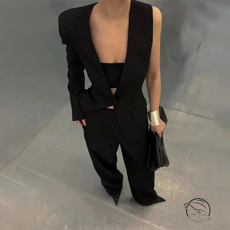 Gorgeous wide leg asymmetrical black pantsuit two piece set