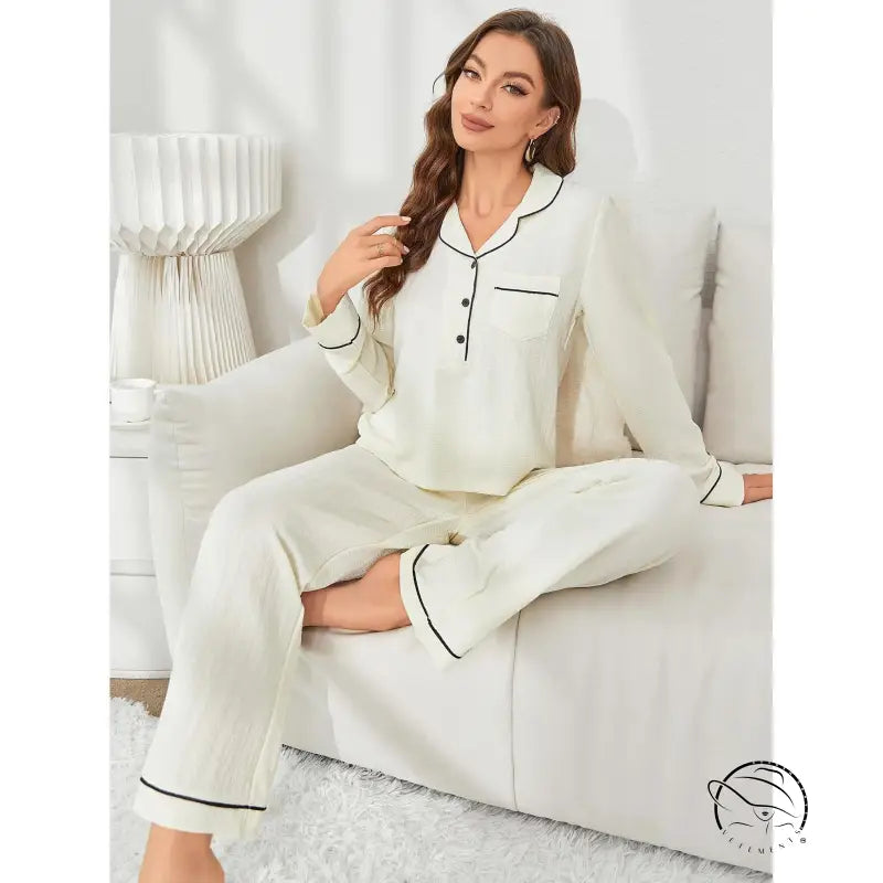 Women’s cream long-sleeve langry pajama set with black piping, fashion ملابس