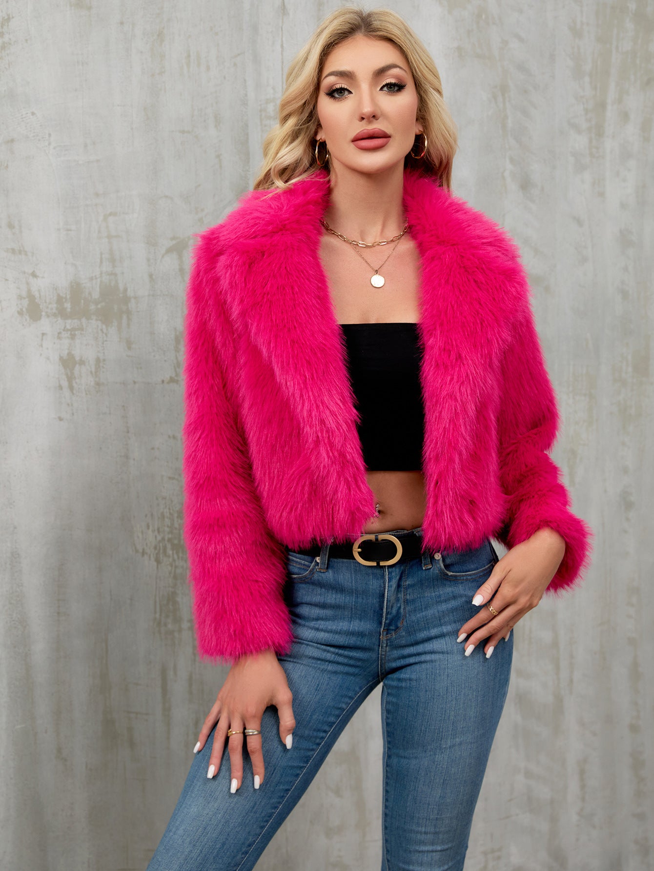 Vibrant pink faux fur cropped jacket in Langry fashion style