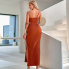 One-shoulder rust-colored sheath dress with side slit, a stylish choice in ملابس fashion