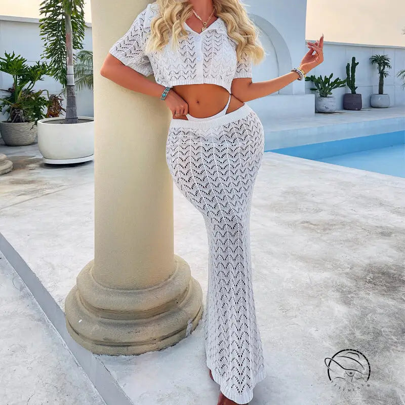 White crochet attractive shirt and maxi skirt set with chevron lace