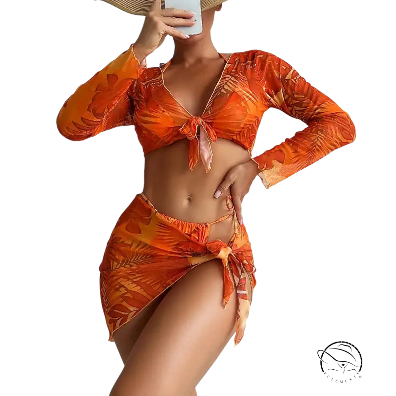 Four piece lace up orange tropical leaf swimsuit on red flowers background