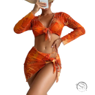 Four piece lace up orange tropical leaf print swimsuit on red flowers background