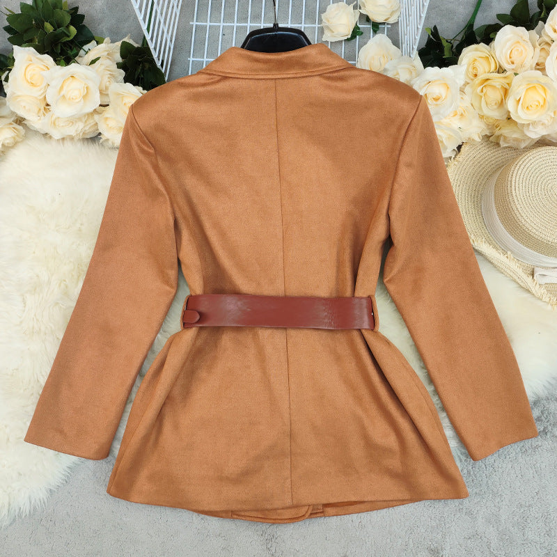 Langry fashion brown satin peplum jacket with leather belt for autumn winter