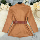 Elegant brown satin peplum jacket with leather belt, langry fashion blazer