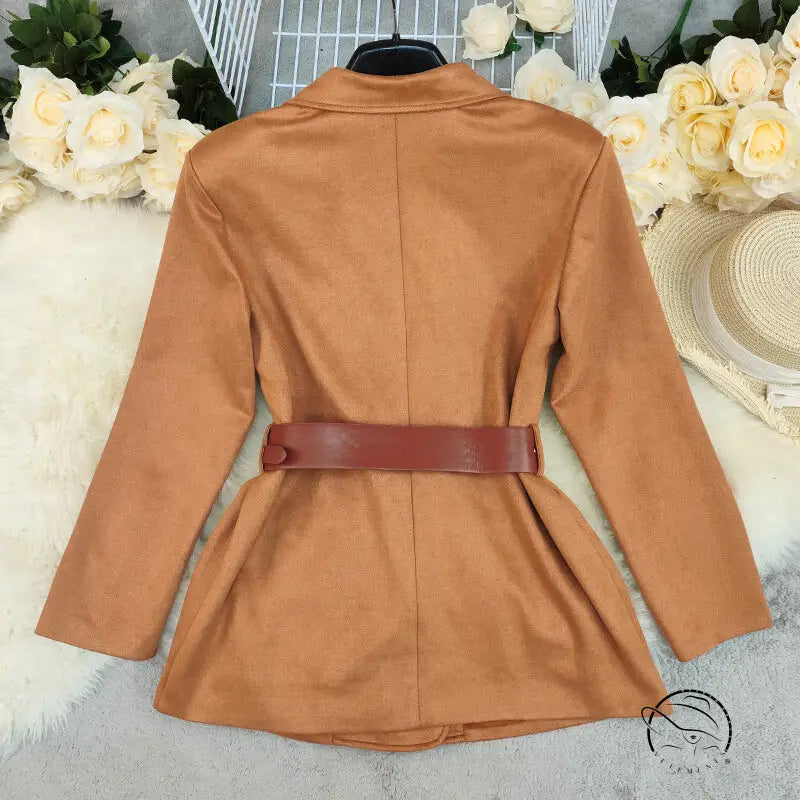 Elegant brown satin peplum jacket with leather belt, langry fashion blazer