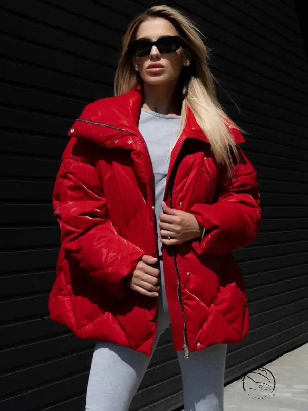 Red glossy Langry fashion puffer jacket with black zipper and pockets