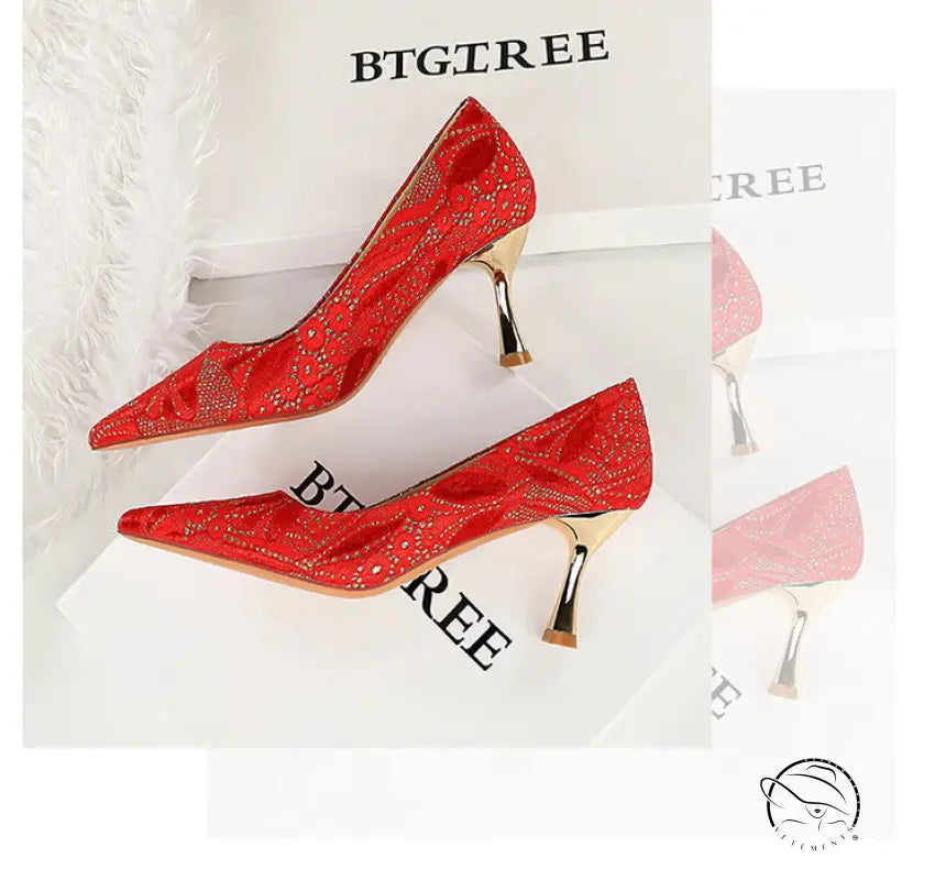 Red glitter langry fashion high heel pumps with gold accents and tassels