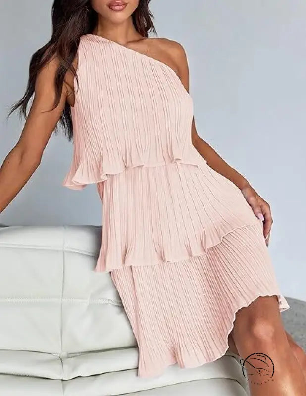 Pink pleated stunning shoulder dress with layered stitching hem