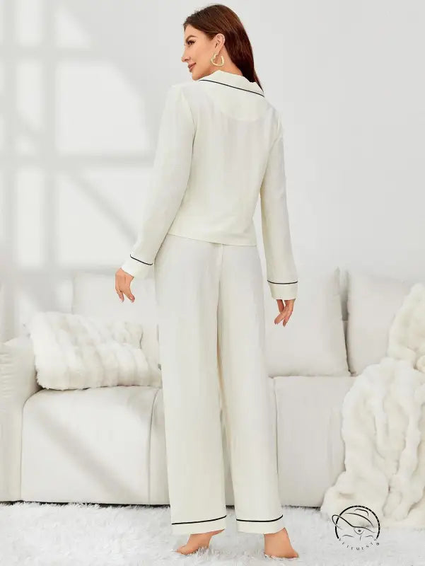 Off-white langry fashion pajama set with black piping, autumn winter women two-piece