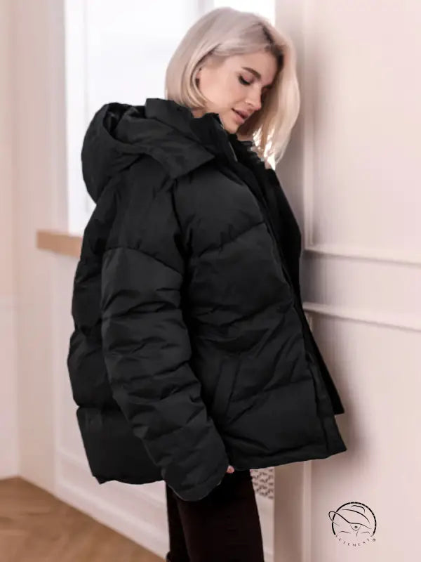 Langry fashion hooded thickened thermal zipper puffer jacket in black