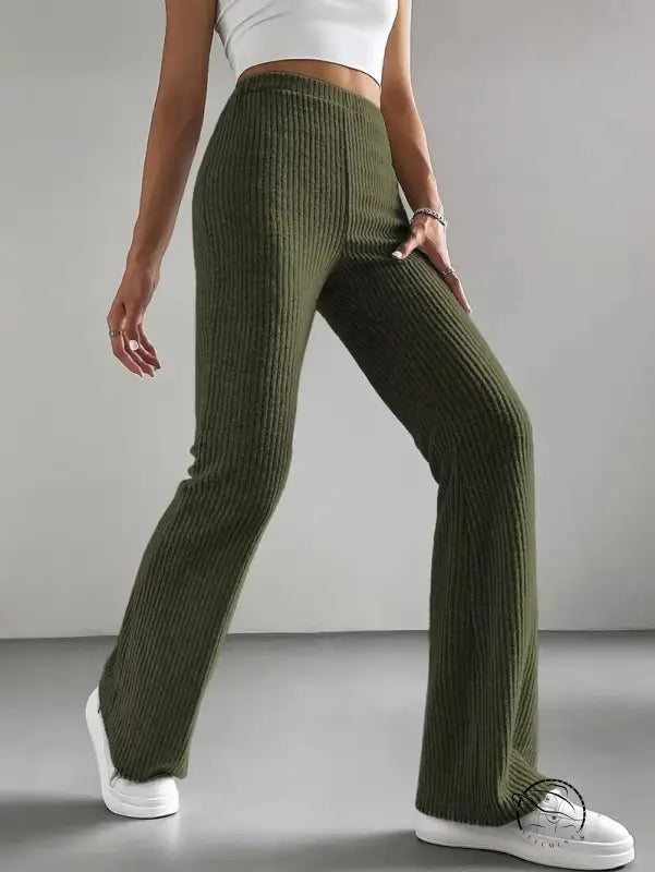 Casual knitted olive green ribbed flare-leg high-waisted match pants by Langry