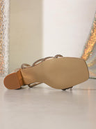 Langry gold metallic ankle strap stiletto heel sandal with chain detailing