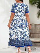 Blue white maxi dress with floral print, short sleeves, ruffled hem
