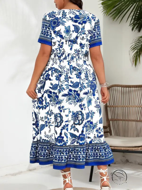 Blue white maxi dress with floral print, short sleeves, ruffled hem