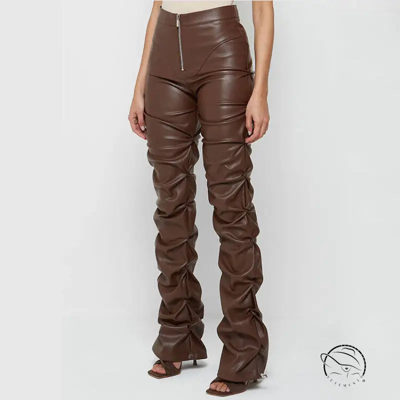 Tight faux leather ruched pants in brown