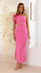 Woman in pink one-shoulder Enchanting Slim Fit Dress showcasing modern fashion ملابس
