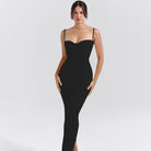 Sleeveless black form-fitting split dress showcasing Autumn Classic Texture design