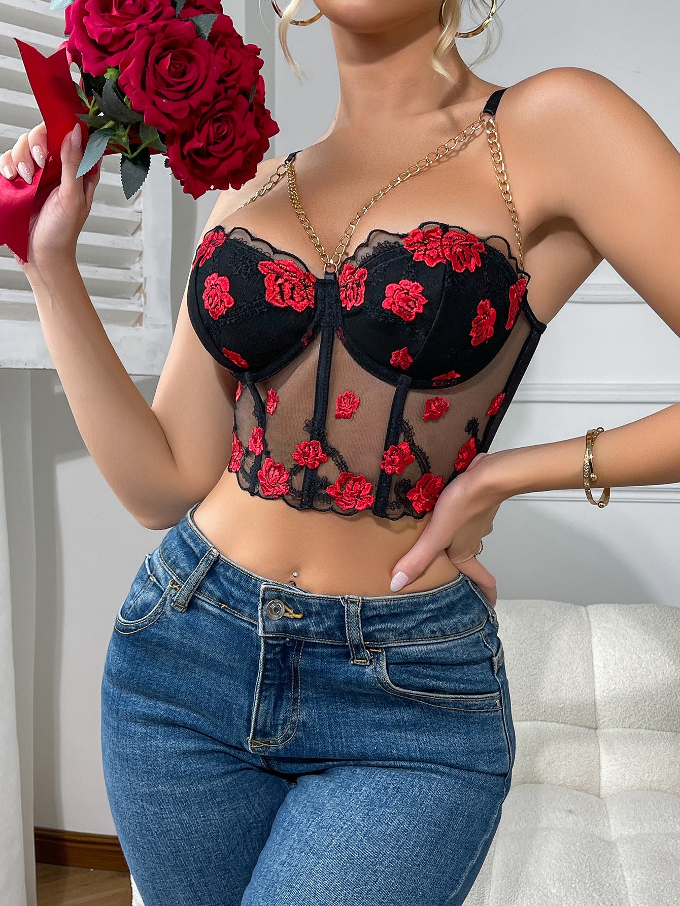 Langry black sheer floral bra with red roses and gold chain detailing in Floral Camisole Boning Corset fashion