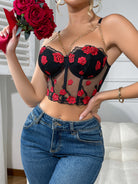 Langry black sheer floral bra with red roses and gold chain detailing in Floral Camisole Boning Corset fashion