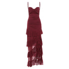 Burgundy evening gown with ruffles and sweetheart neckline, perfect for elegant fashion occasions