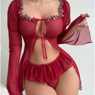 Elegant big red split skirt lingerie set in sheer mesh with floral embroidery