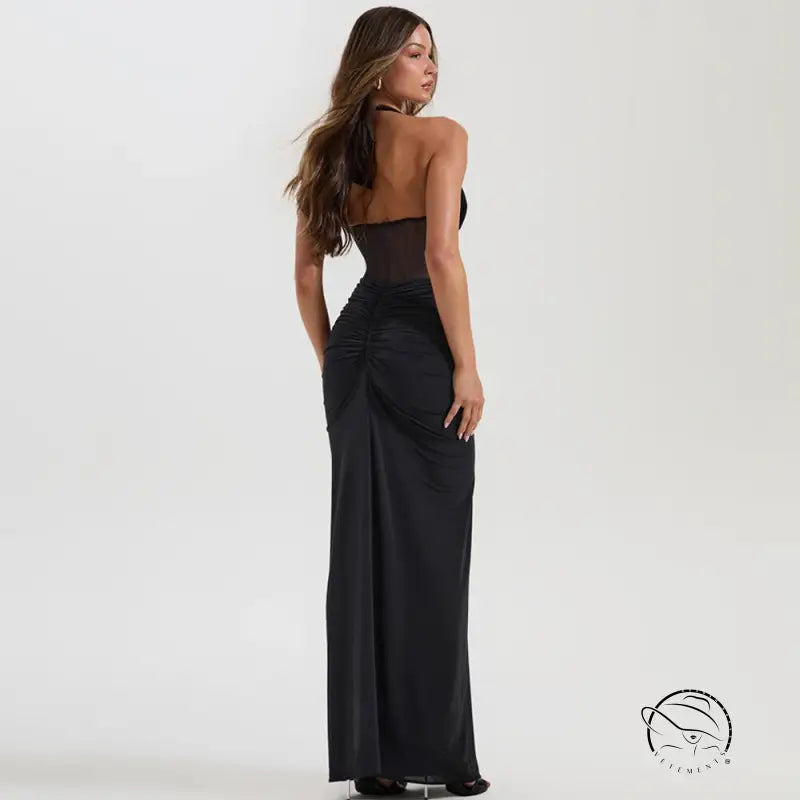 Elegant black halter neck maxi dress with Versace-inspired waist texture
