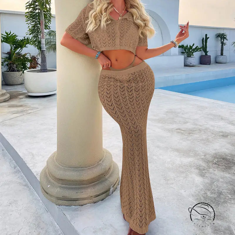 Knitted beige crochet attractive shirt and maxi skirt set