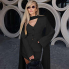 Elegant langry fashion black button-up dress with neckline cutout