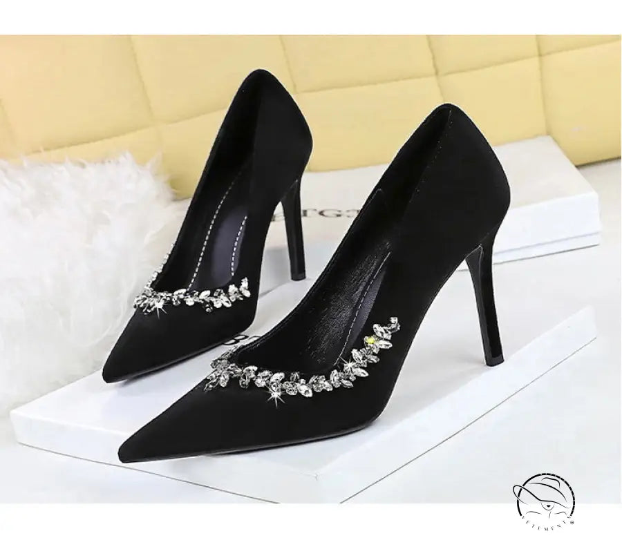 Elegant black velvet Rhinestone Cocktail Stiletto Heel with rhinestone fashion embellishments