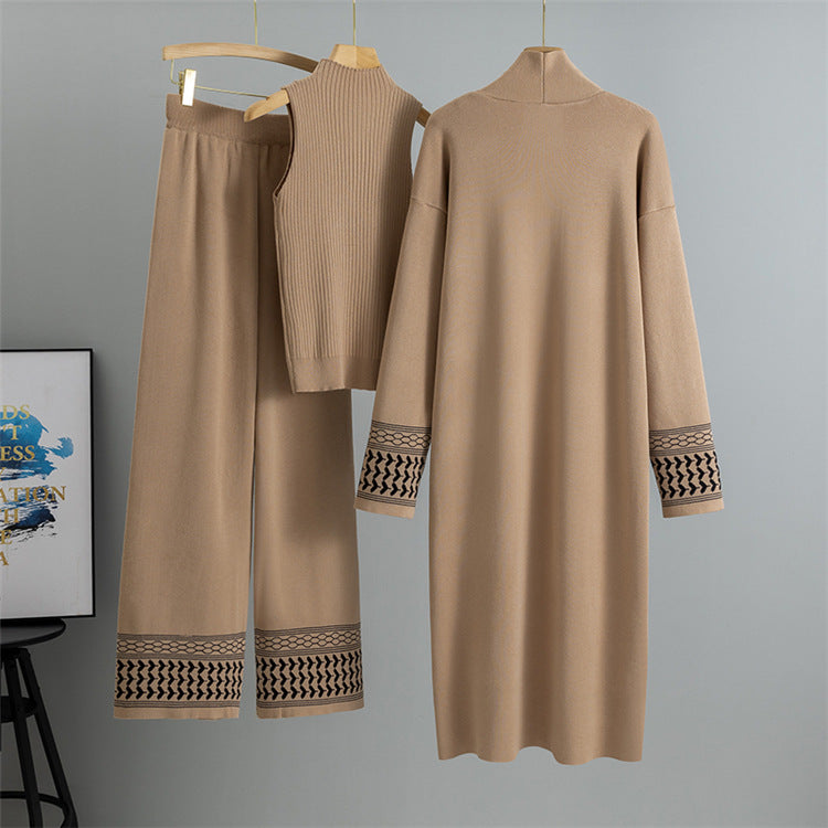 Middle East Elegant Cardigan Robe Knitted Wide Leg Pants Three Piece Set
