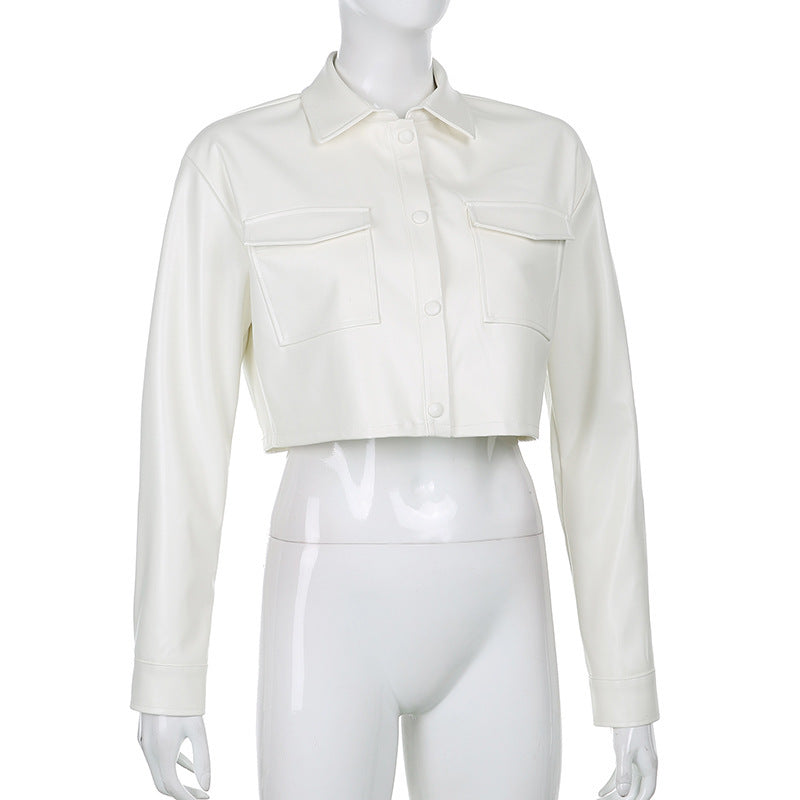 White langry fashion cropped leather jacket with pocket detail