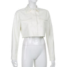 White langry fashion cropped leather jacket with pocket detail