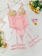 Pink embroidery lingerie set with floral lace accents and adjustable straps for fashion