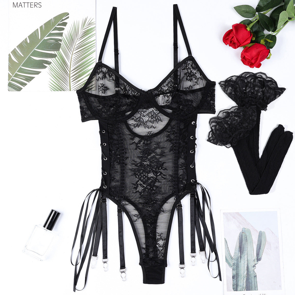Black lace bodysuit in Langry fashion ملابس with adjustable straps and ties