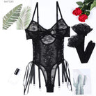Black lace bodysuit in Langry fashion ملابس with adjustable straps and ties
