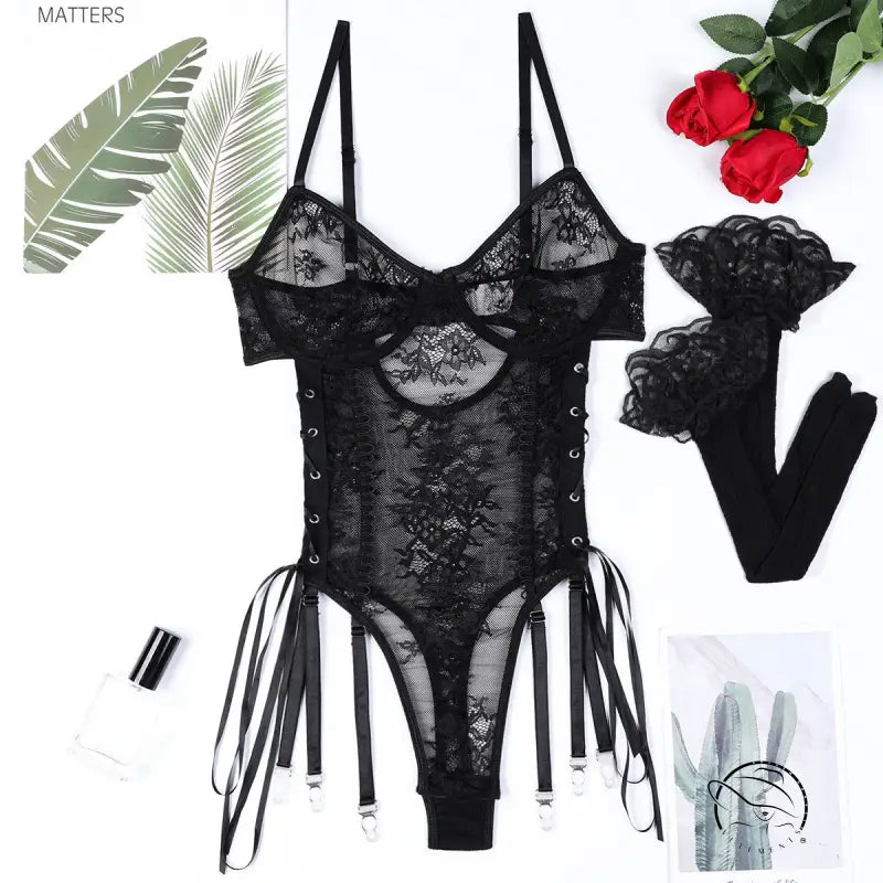 Black lace bodysuit with adjustable straps and decorative ties in Langry fashion