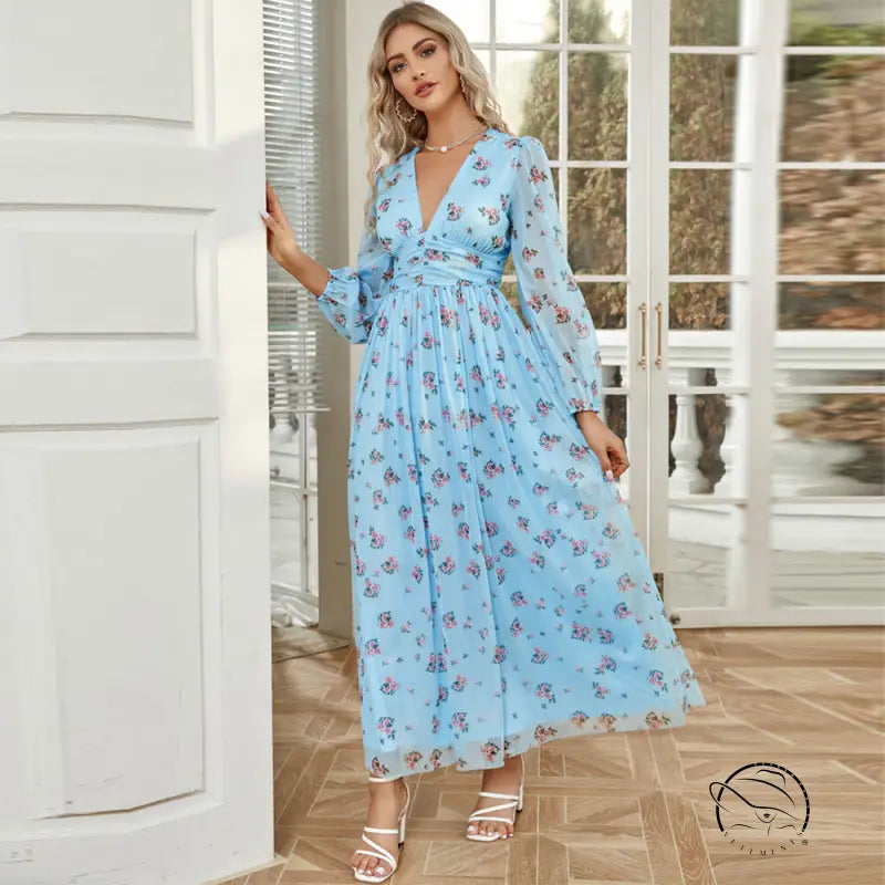 Elegant high waist V-neck light blue floral maxi dress in langry fashion