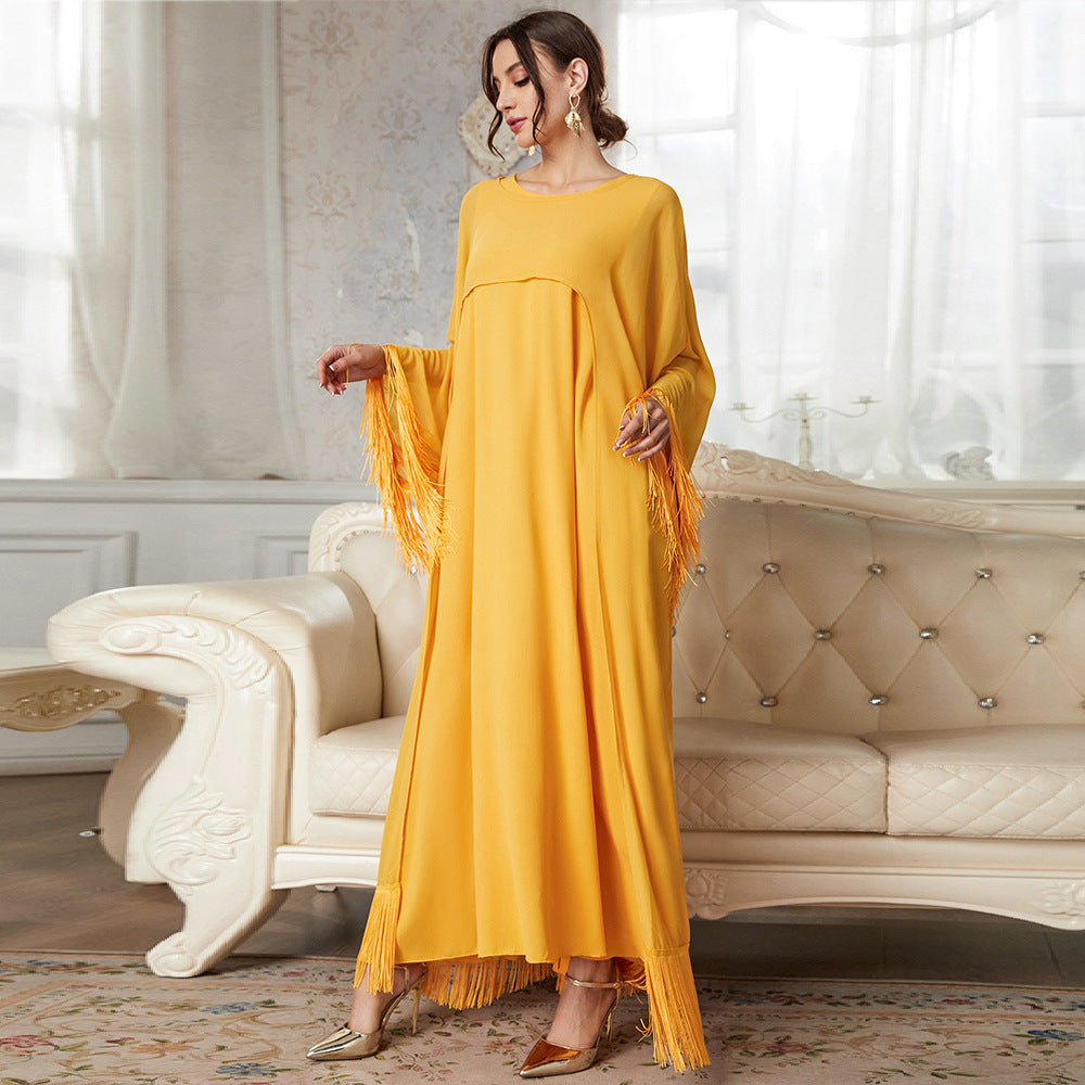 Yellow fringed abaya langry fashion dress with tassels and mesh