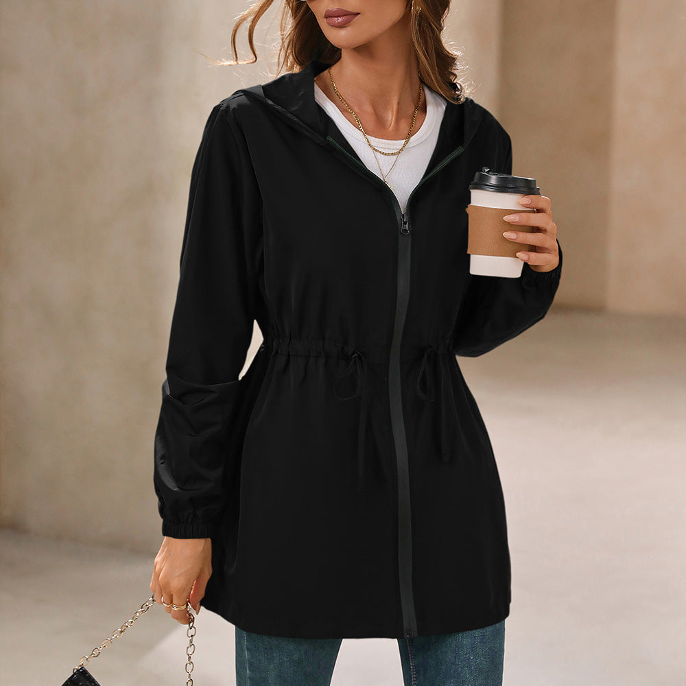 Black hooded outdoor raincoat jacket with drawstrings, ideal for mountaineering and outdoor activities