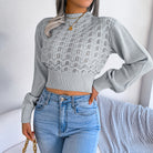 Cropped open-knit gray sweater featuring stylish lantern sleeves for modern fashion